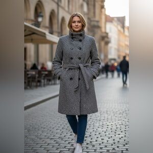 Ike Behar Women’s Double Breasted Fleece Belted Coat Size L Charcoal Peppered